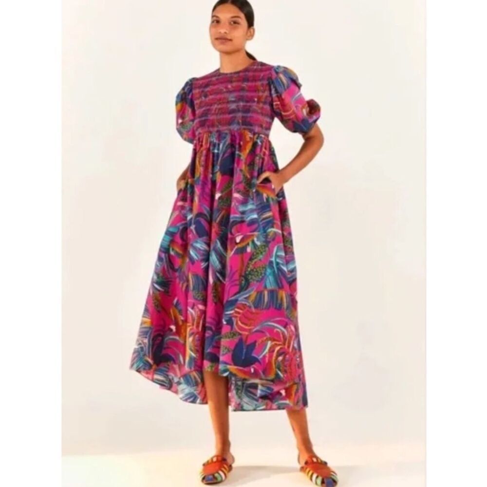 Farm Rio Rainbow Macaws Purple Puff Sleeve Smocked Midi Dress Women's SIZE XS